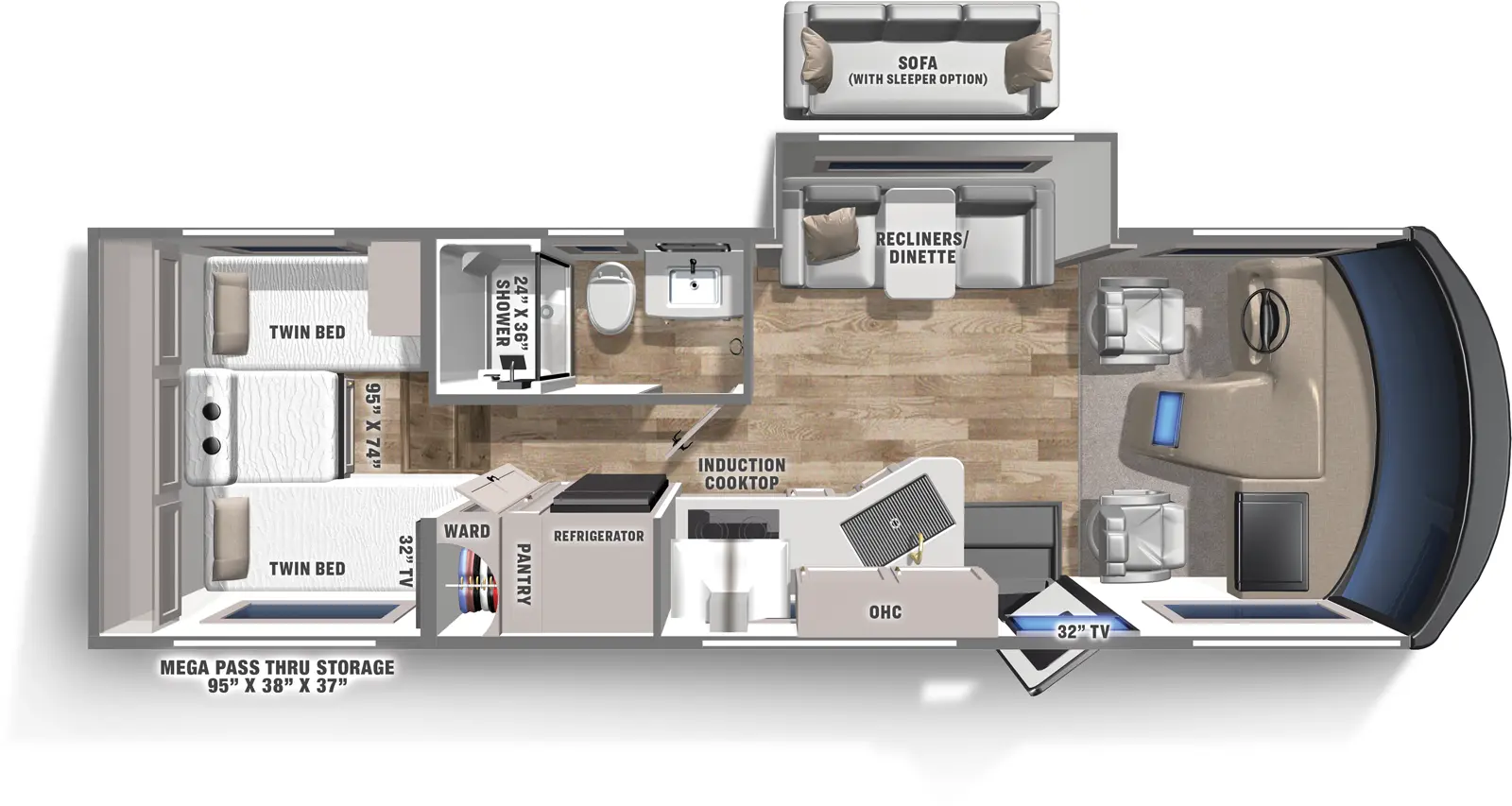 The Euro 25TB has one entry and one slide out. Exterior features include: 16' awning. Interiors features include: rear bedroom.